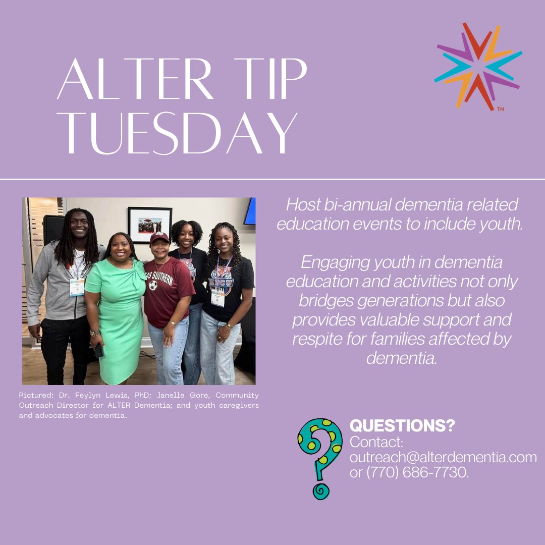 AlterDementia's tweet photo. 💜 ALTER Tip Tuesday: Engaging youth in dementia education bridges generations!
Our events teach the next generation while supporting families. Together, we build stronger, compassionate communities.
💌 Join our movement: outreach@alterdementia.com.
#roadto150 #youth https://t.co/oc5Egr56tW