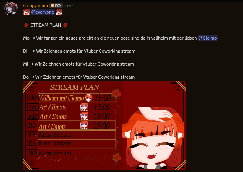 Stream plan
meine lieben
und dazu neues projekt mit der lieben <a href="/Cleimo1/">Cleimo</a> 
freu mich morgen euch zu sehen