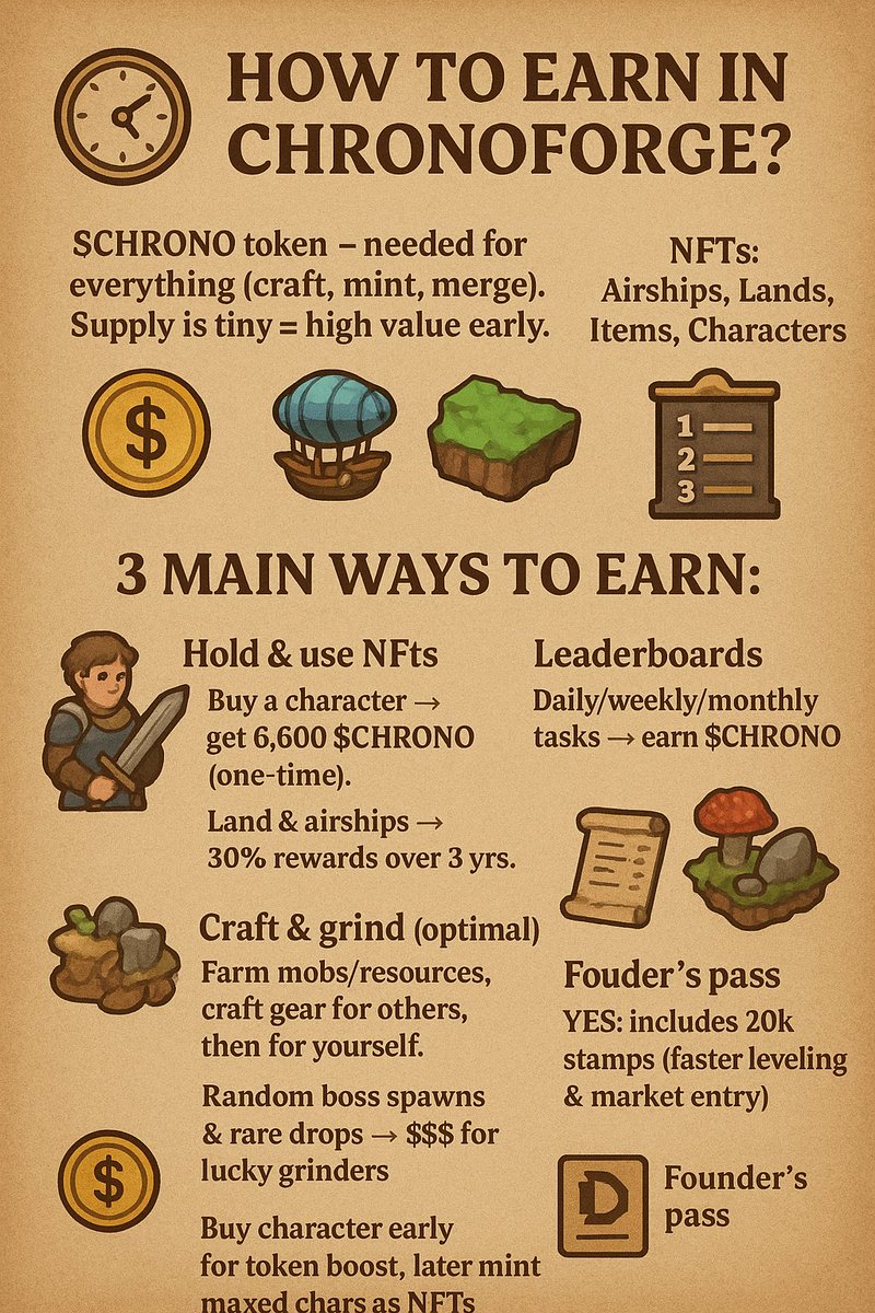 How to earn in <a href="/playchronoforge/">ChronoForge</a> ? 🕰️

After 4 years of dev, the economy is built around 3 pillars:

$CHRONO token – needed for everything (craft, mint, merge). Supply is tiny = high value early.

NFTs: Airships, Lands, Items, Characters.

Leaderboards: rewards also in $CHRONO.

3