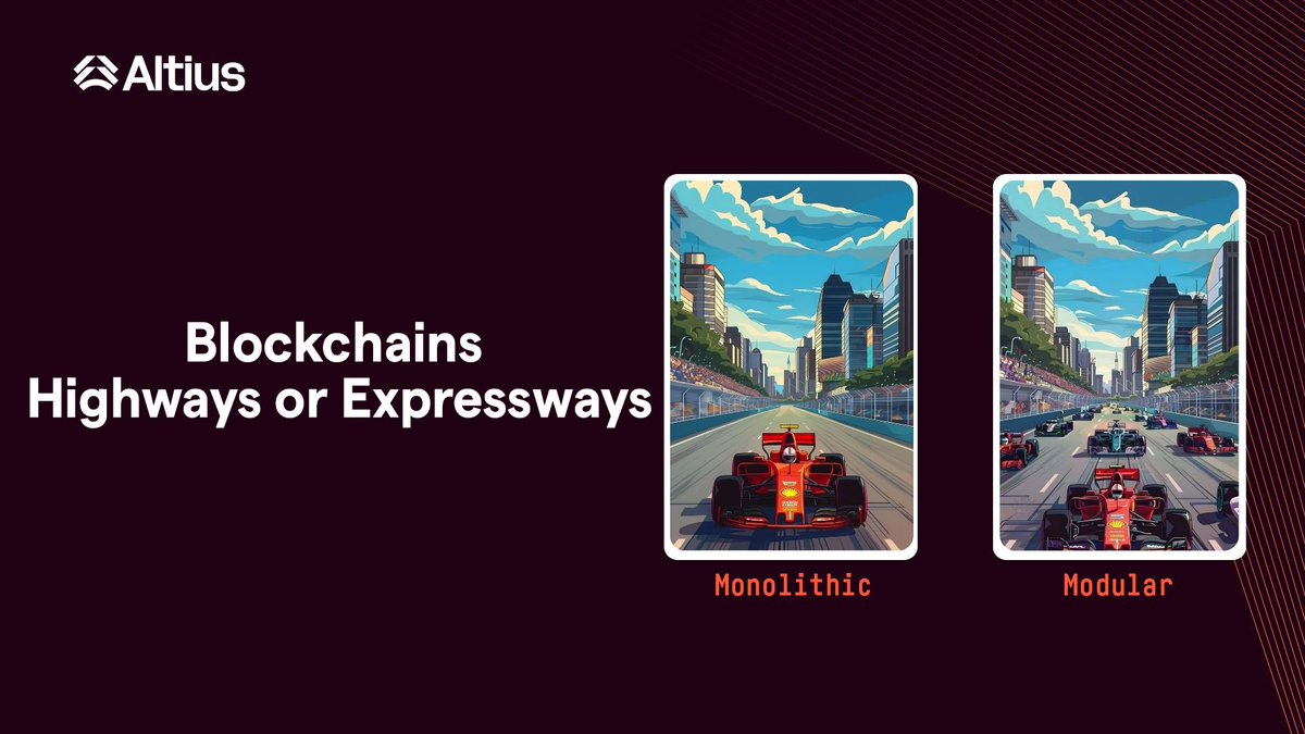 Raffaxeal's tweet image. 1/8: Let's learn about blockchains the easy way Monolithic vs modular think roads🛣️ #Altiuslabs #ModularBlockchains #Web3Infrastructure