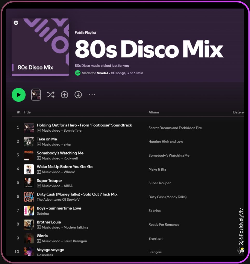 PositivelyViv's tweet image. Listening to Disco Mix Playlist until I fall asleep 💤
I love 80s disco music.

Suggest me any 80s English song you really like. 
I will add to a separate playlist.

#FunPost