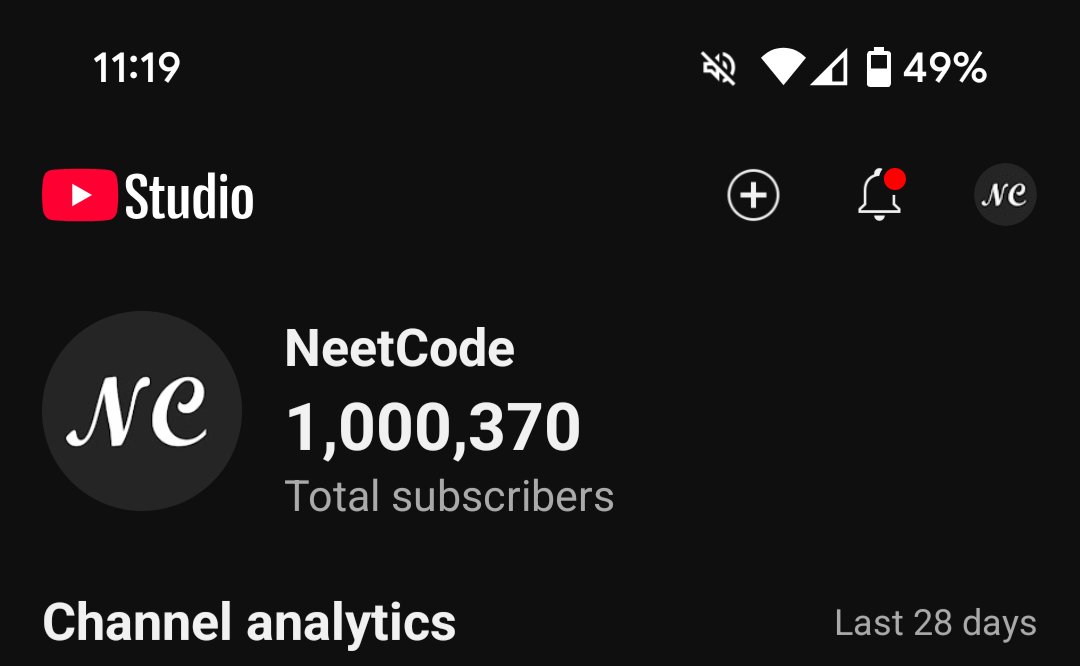 neetcode1's tweet image. Can't believe we got 1M subscribers on YouTube. I never thought these videos I recorded while I was unemployed would reach so many people!
Thank you to everyone for the love and support. ❤️