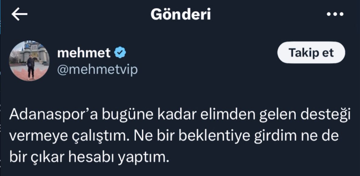 Hiçbir çıkar veya beklentin olmadan hem protokolde oturup hem de sahaya inerek Adanaspor’una hizmet ettiğin için teşekkür ederim.
Maalesef twiti kaldırdığın için ekran görüntüsü paylaşmak zorunda kaldım.