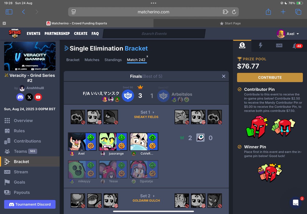 after losing in the finals 3 diff times alejandro now is a new owner of this awful matcherino pin