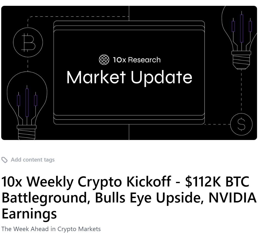 10x Weekly Crypto Kickoff - $112K BTC Battleground, Bulls Eye Upside, NVIDIA Earnings

The Week Ahead in Crypto Markets

Full report: update.10xresearch.com/p/10x-weekly-c…