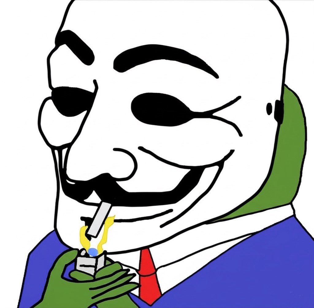 Cartoon meme of an Anonymous frog lighting a cigarette, symbolizing organic crypto anon