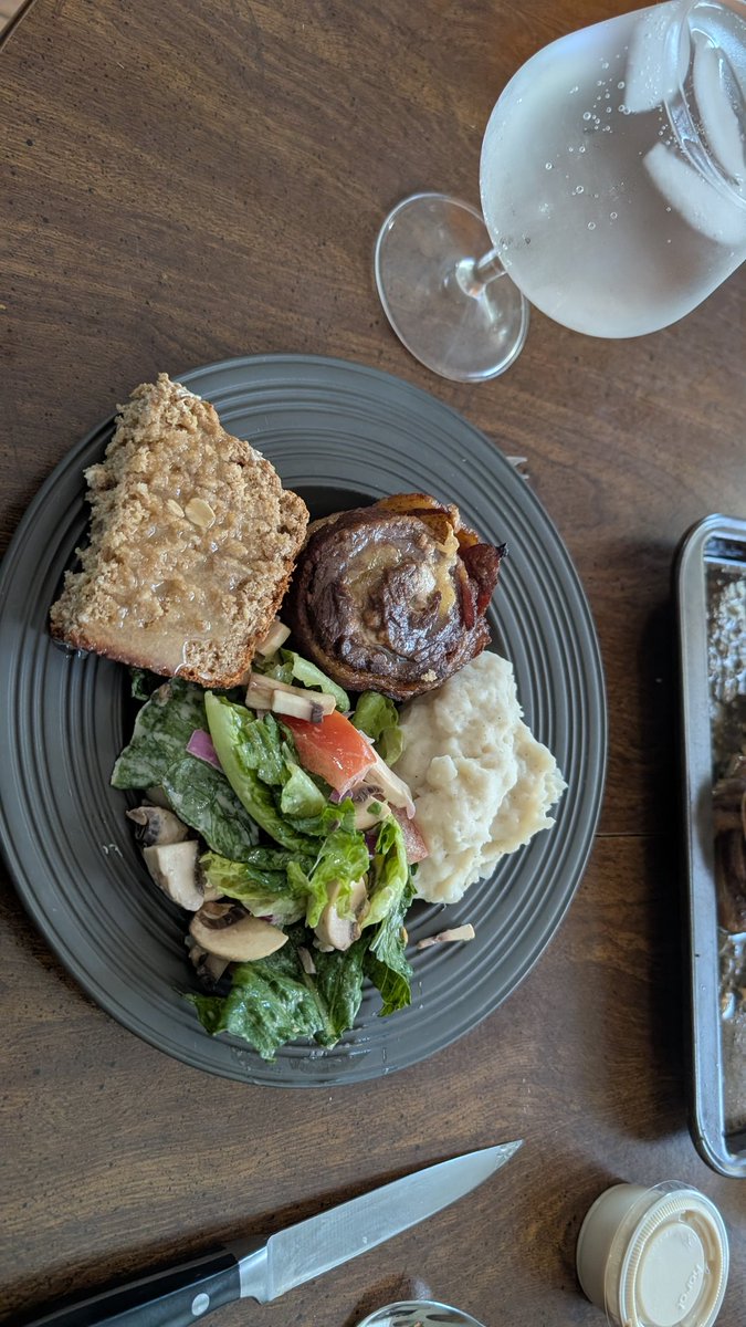 Rolled flank with goat cheese and gouda, a sweet/savory marinade with real molasses, no processed ingredients, summer caeser salad, fresh garlic mash.
Fresh oat and Irish brown soda bread and a side of fresh Hummus optionally. 

The only thing not made from fresh raw ingredients