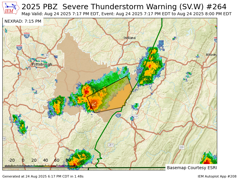 PBZ issues Severe Thunderstorm Warning [wind: 60 MPH (RADAR INDICATED), hail: &lt;1.00 IN (RADAR INDICATED)] for Westmoreland [PA] till 8:00 PM EDT mesonet.agron.iastate.edu/vtec/f/2025-O-…