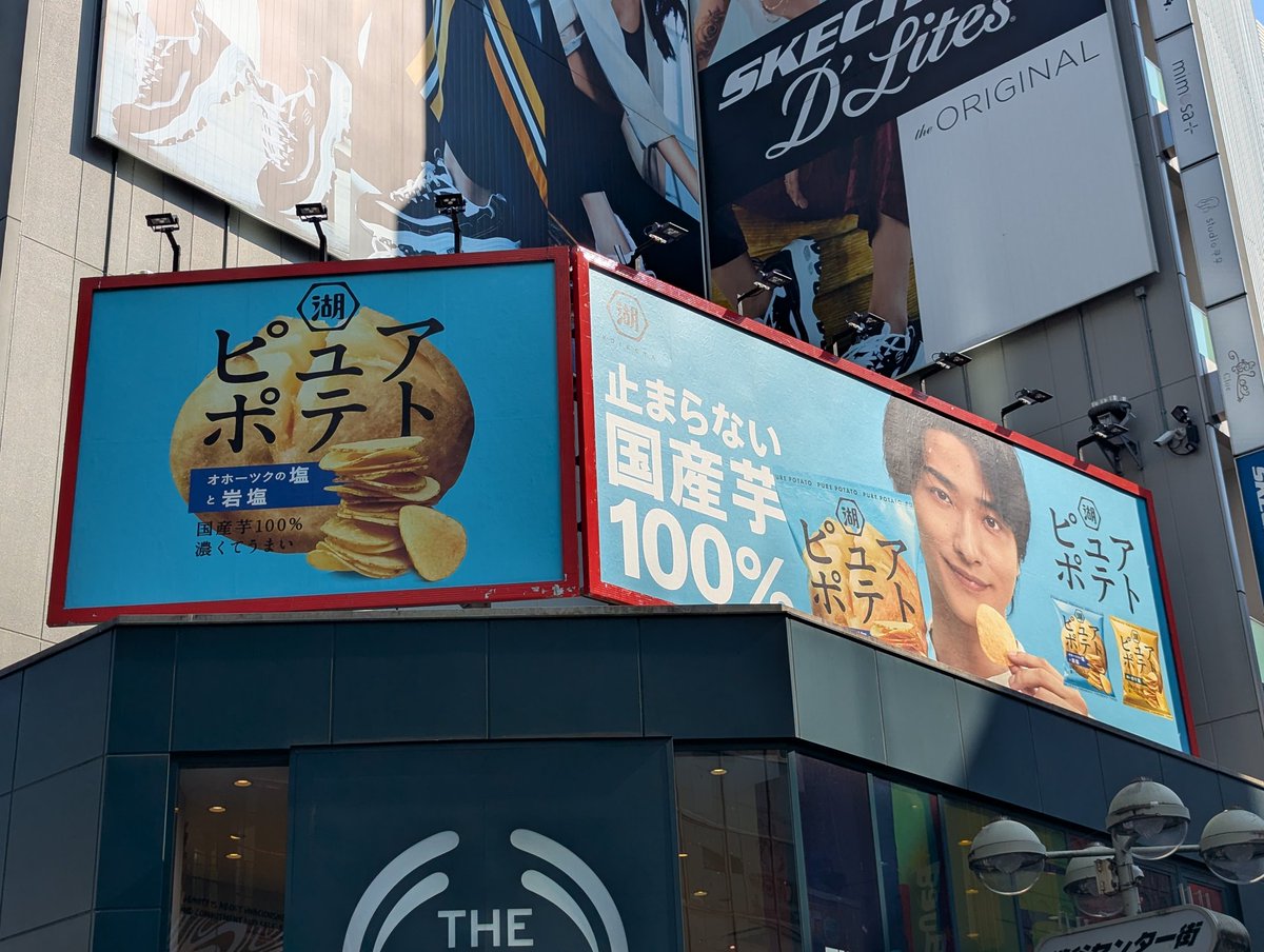 湖池屋「ピュアポテト」の広告。 大きなじゃがいもとチップスの写真を