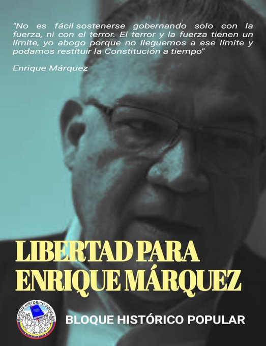 A Enrique Márquez no lo quieren liberar porque se atrevió a exigir el cumplimiento de la Constitución y la Ley Orgánica de Procesos Electorales.

#DisentirNoEsDelito 
#BastaDeRepresion 
#LiberenAEnriqueMarquez