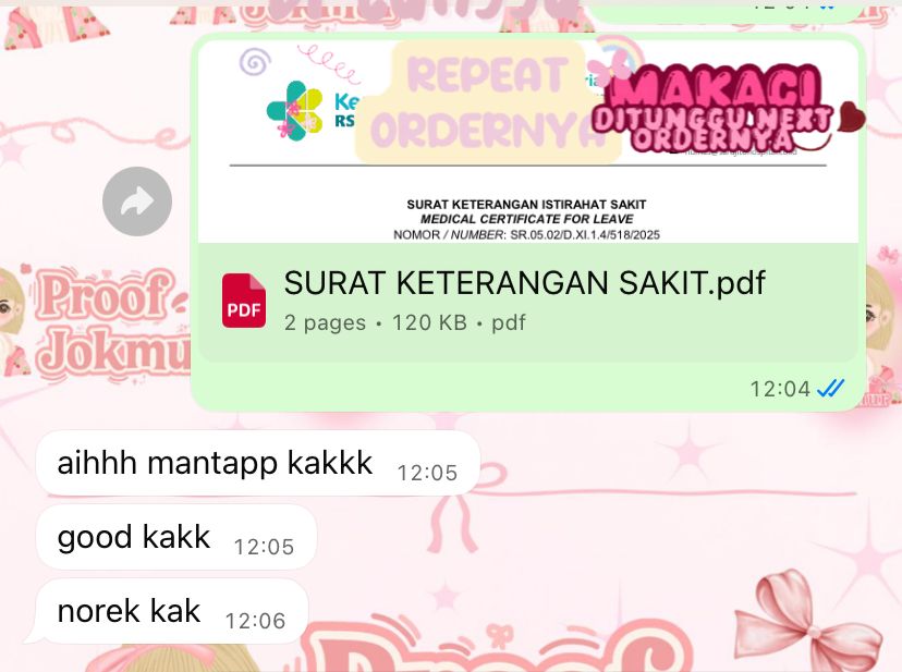 Halo sayang surat sakit open lagi ya😍Sakit dokter
Kontrol/berobat
Surat sehat 
Surat diagnosa
Resep obat
Rawat inap
Psikologi
Kwitansi/invoice
Hasil laboratorium
Surat lain request
✅Stempel basah (klinik / dokter)
✅Dokter sesuai fakes/rs
#zonauang #suratsakit #suratdokter