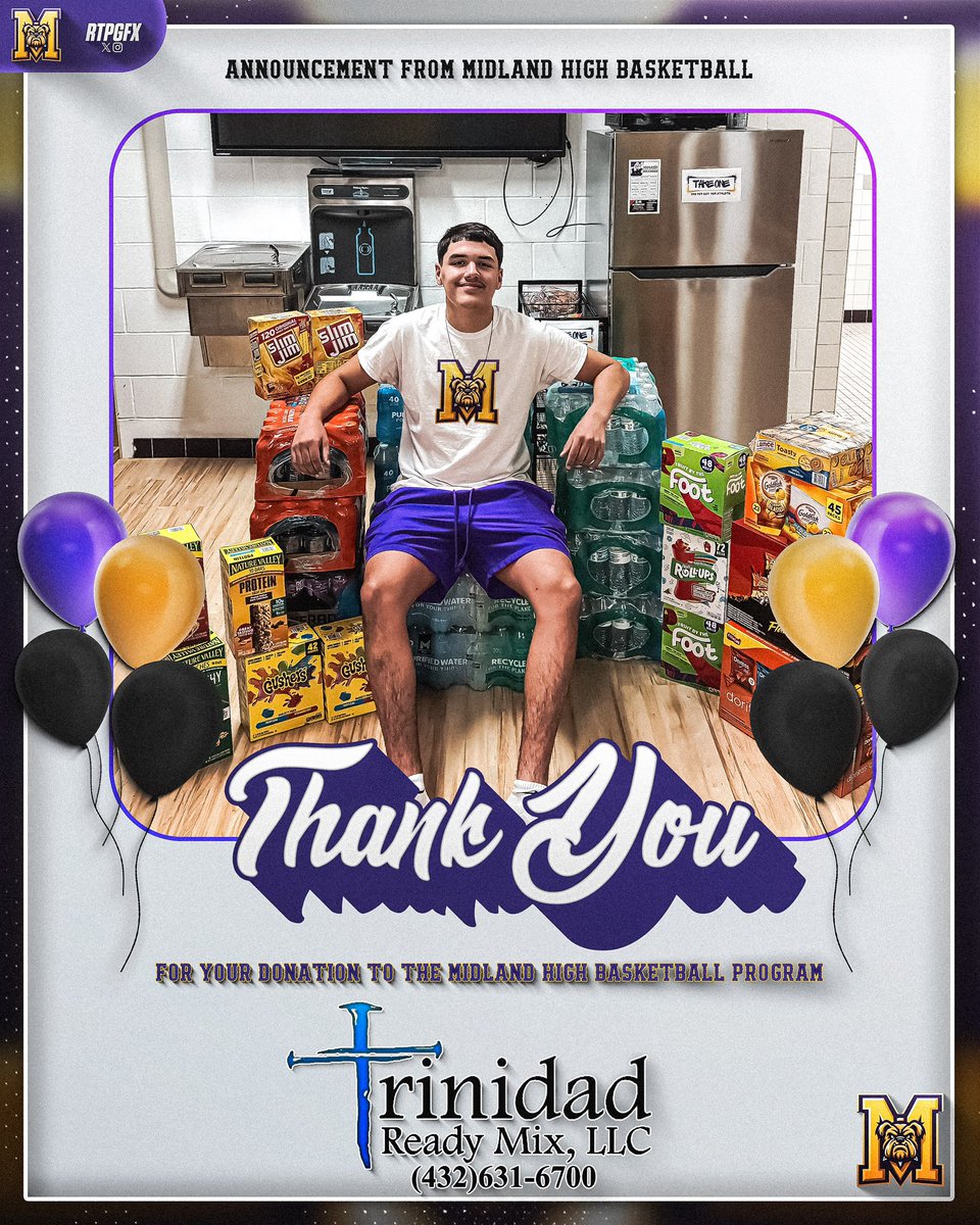 Big shoutout to The Gomez Family and Trinidad Ready Mix LLC for their donation of drinks and snacks! This will help fuel our athletes and give them something to eat before/after our practices along the season!

#BeTheChange #MidlandHoops