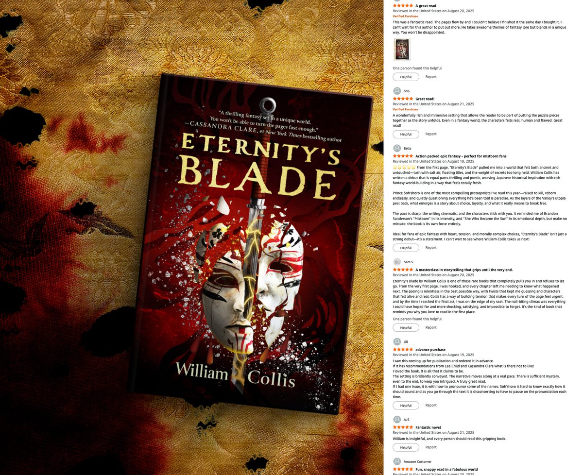 The <a href="/amazon/">Amazon</a> book reviews are starting to pour in for <a href="/William_Collis/">William Collis</a>' recently released sword-swinging epic fantasy #ETERNITYSBLADE (narrated by #BrianNishii)!✨

Available NOW at all major retailers, shop multi-format options ⬇️!

⚔️Start reading: 
blackstonepublishing.com/products/book-…