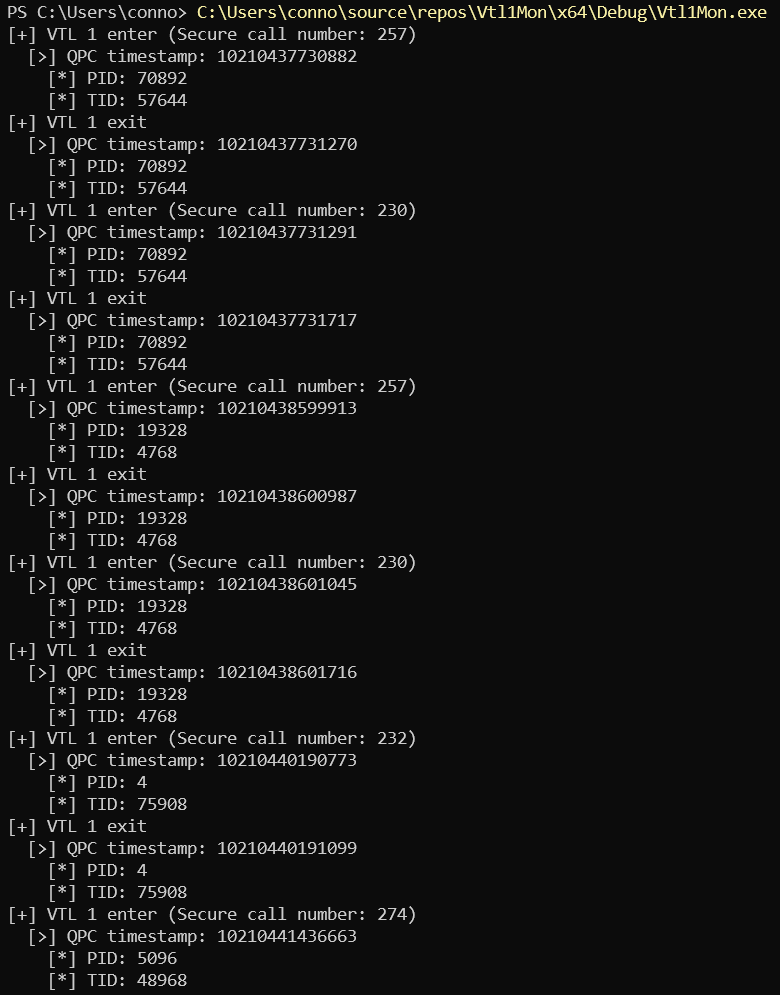You can trace calls to VslpEnterIumSecureMode ("enter/exit" into VTL 1) through the (the value is undocumented?) PERF_VTL1_ENTER ETW perf info mask value and get information about the type of secure call call which occurred (and PID/TID info). The event data is also undocumented.