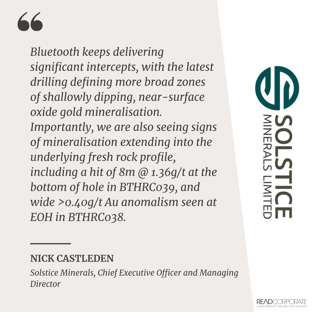 ResourcesRisingStars (@rr_stars) on Twitter photo Solstice Minerals continues to expand the oxide #gold discovery at its Bluetooth prospect in WA, with multiple new strong shallow intercepts up to 32m at 1.68g/t in recent RC drilling. 
$SLS #exploration #WA  #YarriGoldProject #ASX
ow.ly/OA6N50WL9GM Solstice Minerals continues to expand the oxide #gold discovery at its Bluetooth prospect in WA, with multiple new strong shallow intercepts up to 32m at 1.68g/t in recent RC drilling. 
$SLS #exploration #WA  #YarriGoldProject #ASX
ow.ly/OA6N50WL9GM