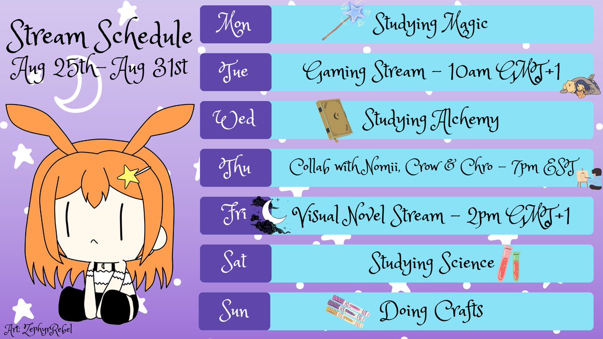 New schedule for the week! This week i will go back to Dark Nights on Friday. On Tuesday is still a mystery what to play, but there are 3 possibilities. There is also a collab again with <a href="/nomiizuu/">Nomii | ENVtuber | VirtualU Designer | VGen</a>, <a href="/CrowKurono/">Crow Kurono</a> &amp; <a href="/ChronusVT/">⏳️Chronus 🐲 || ENVtuber</a> this week at 7pm EST on Thursday. See you around.