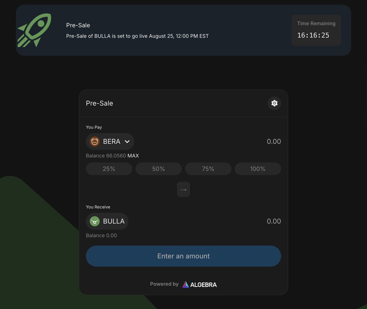 🚀 Pre-Sale Page Is Live

Trading is set to start August 25 at 12:00 PM EST!

Some pre-sale details:
 ✅10 billion total supply
 ✅ Starting at 1 BULLA = 0.00004 BERA (~0.0001 USD)
 ✅ Selling 1 billion BULLA from 1 million FDV to 2.5 million FDV
 
Why BULLA? 

A 🧵