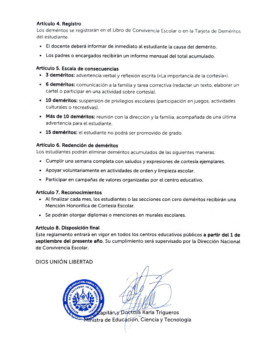 Karla Trigueros (@karlaetrigueros) on Twitter photo Hoy envié el memorándum sobre el Reglamento para la Promoción de la Cortesía Escolar, que entrará en vigor el 1 de septiembre en todos los centros educativos públicos.
Con este reglamento fomentaremos valores esenciales como el respeto y la cortesía entre nuestros estudiantes, Hoy envié el memorándum sobre el Reglamento para la Promoción de la Cortesía Escolar, que entrará en vigor el 1 de septiembre en todos los centros educativos públicos.
Con este reglamento fomentaremos valores esenciales como el respeto y la cortesía entre nuestros estudiantes,
