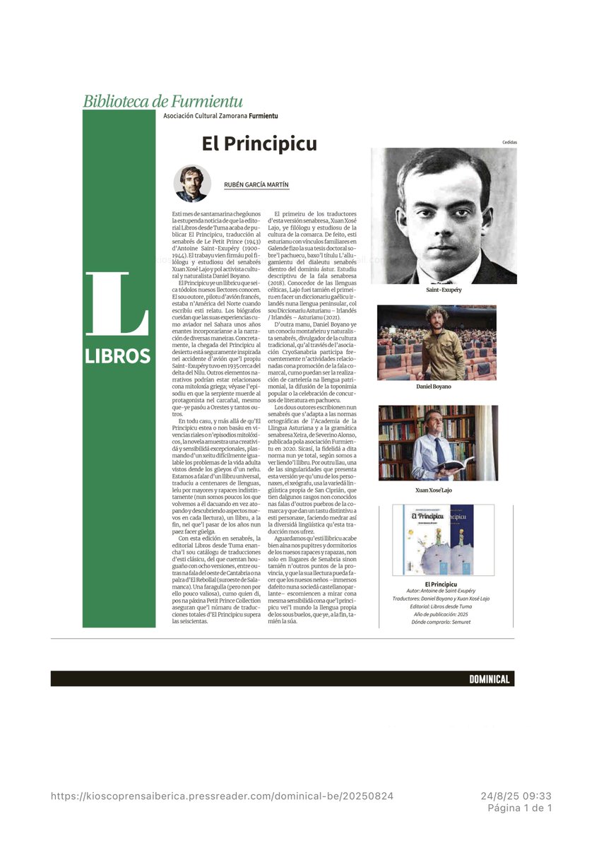 Biblioteca de Furmientu. El Principicu (Antoine de Saint-Exupéry) traducido al #sanabrés por Xuan Xosé Lajo y Daniel Boyano. Publicado hoy en la <a href="/opiniondezamora/">LA OPINIÓN DE ZAMORA</a>.
<a href="/DesdeTuma/">Libros desde Tuma</a>