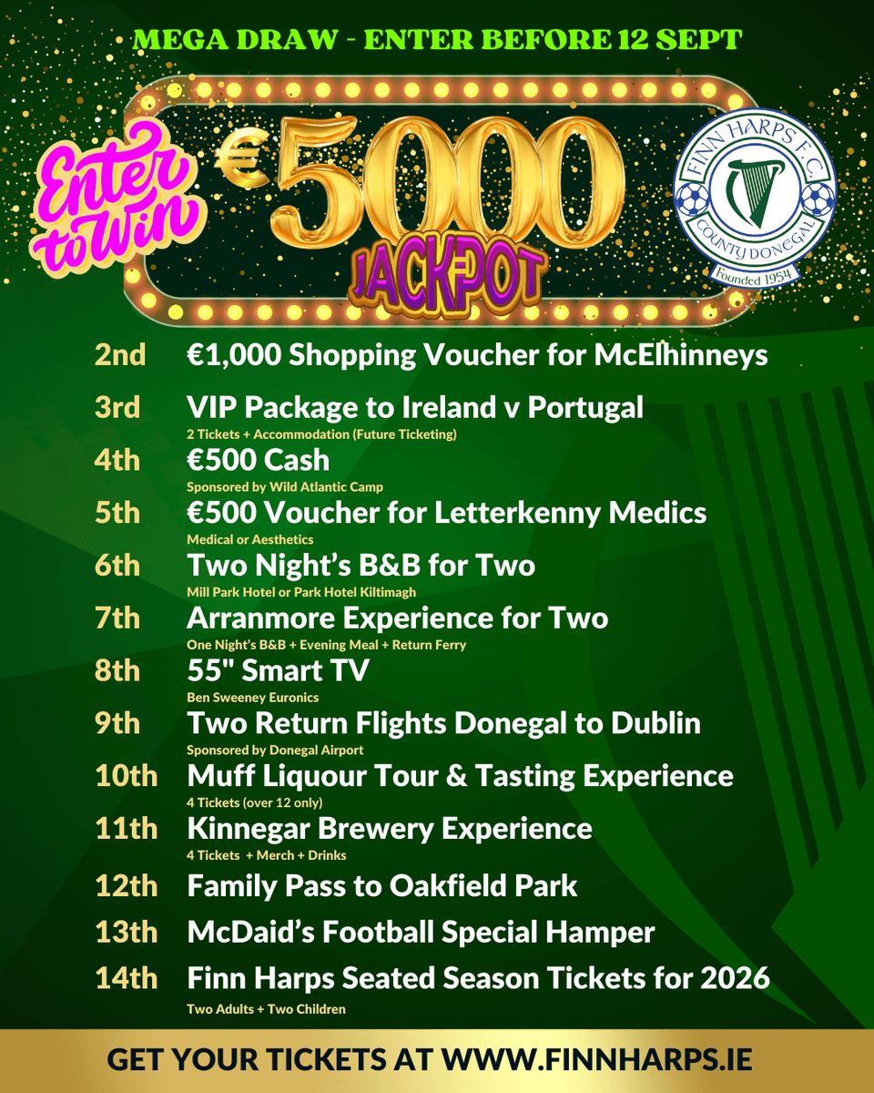 Finn Harps FC (@finnharpsfc) on Twitter photo 🚨 WIN €5000 🚨
Finn Harps are asking supporters and the wider Donegal community to support the club's annual draw.
Enter: finnharps.ie/annualdraw/
If you are interested in selling draw tickets, contact commercial@finnharps.ie or any club director.
#UTH🔵⚪️ 🚨 WIN €5000 🚨
Finn Harps are asking supporters and the wider Donegal community to support the club's annual draw.
Enter: finnharps.ie/annualdraw/
If you are interested in selling draw tickets, contact commercial@finnharps.ie or any club director.
#UTH🔵⚪️