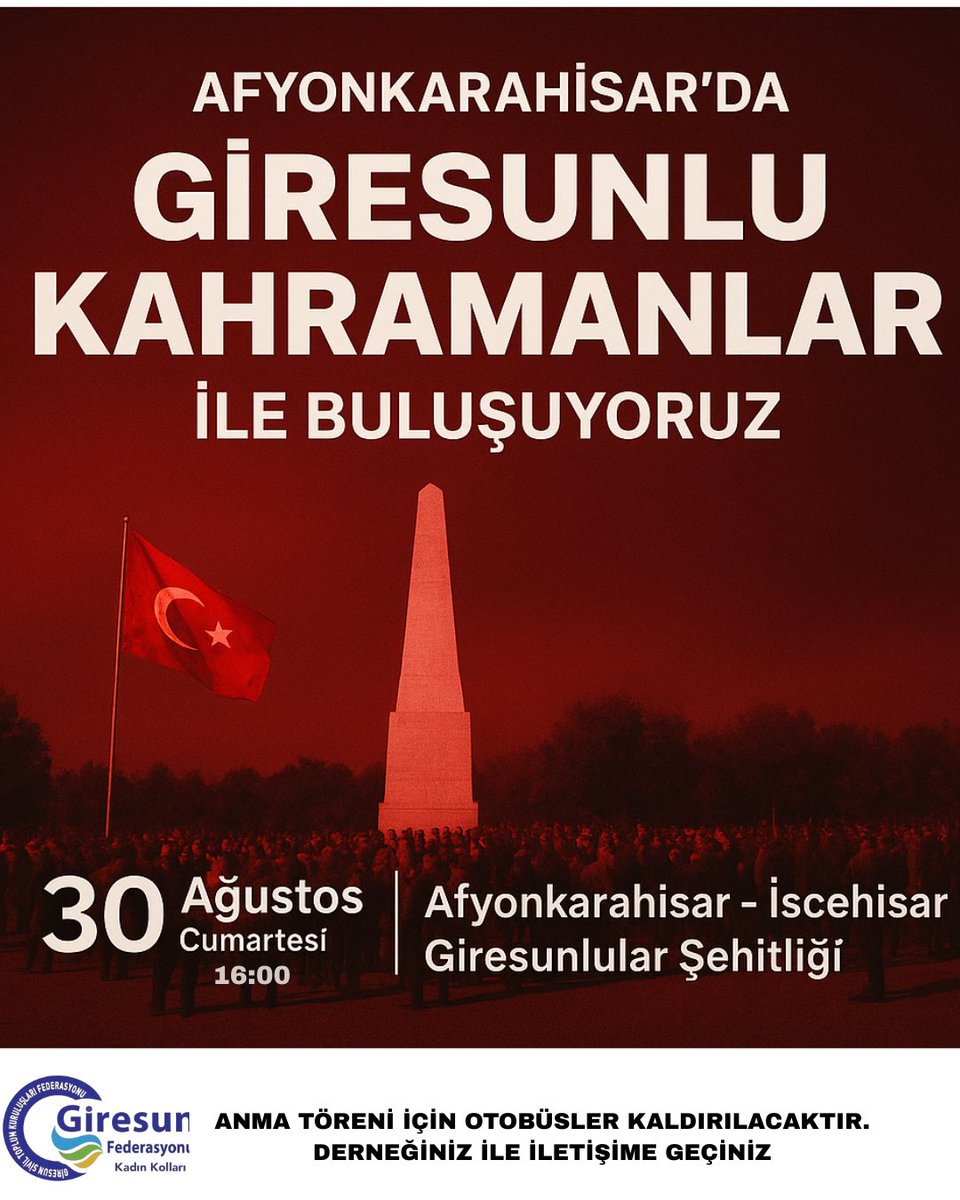 30 Ağustos Cumartesi, Afyonkarahisar'da Giresunlu kahramanlarımız ile buluşuyoruz! 🇹🇷

#giresunkadınkolları
#giresunfederasyonukadinkollari
#afyonkarahisar 
#afyongiresunlularşehitliği