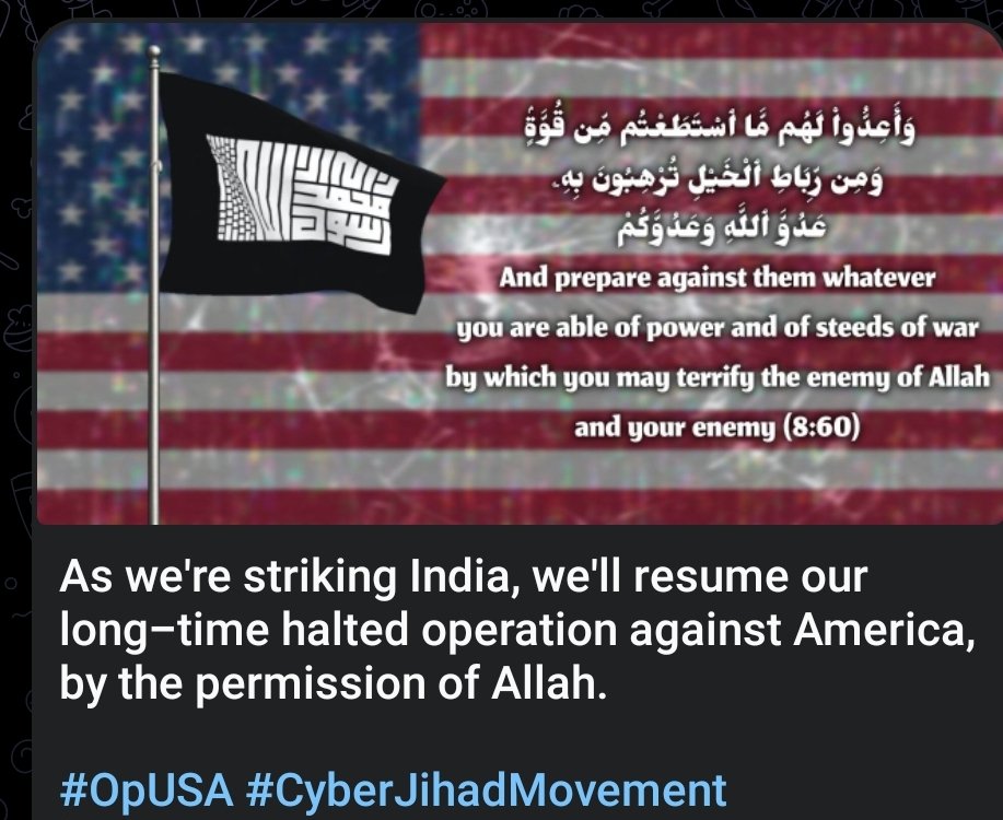 #AlQaeda #AQAP

أعلنت حركة "الجهاد السيبراني" عن انتقال تركيزها نحو الولايات المتحدة، مؤكدة في بيانها أنها ستستأنف عملياتها التي كانت متوقفة منذ فترة طويلة ضد أمريكا بالتزامن مع استمرار هجماتها على الهند. يتبع...👇