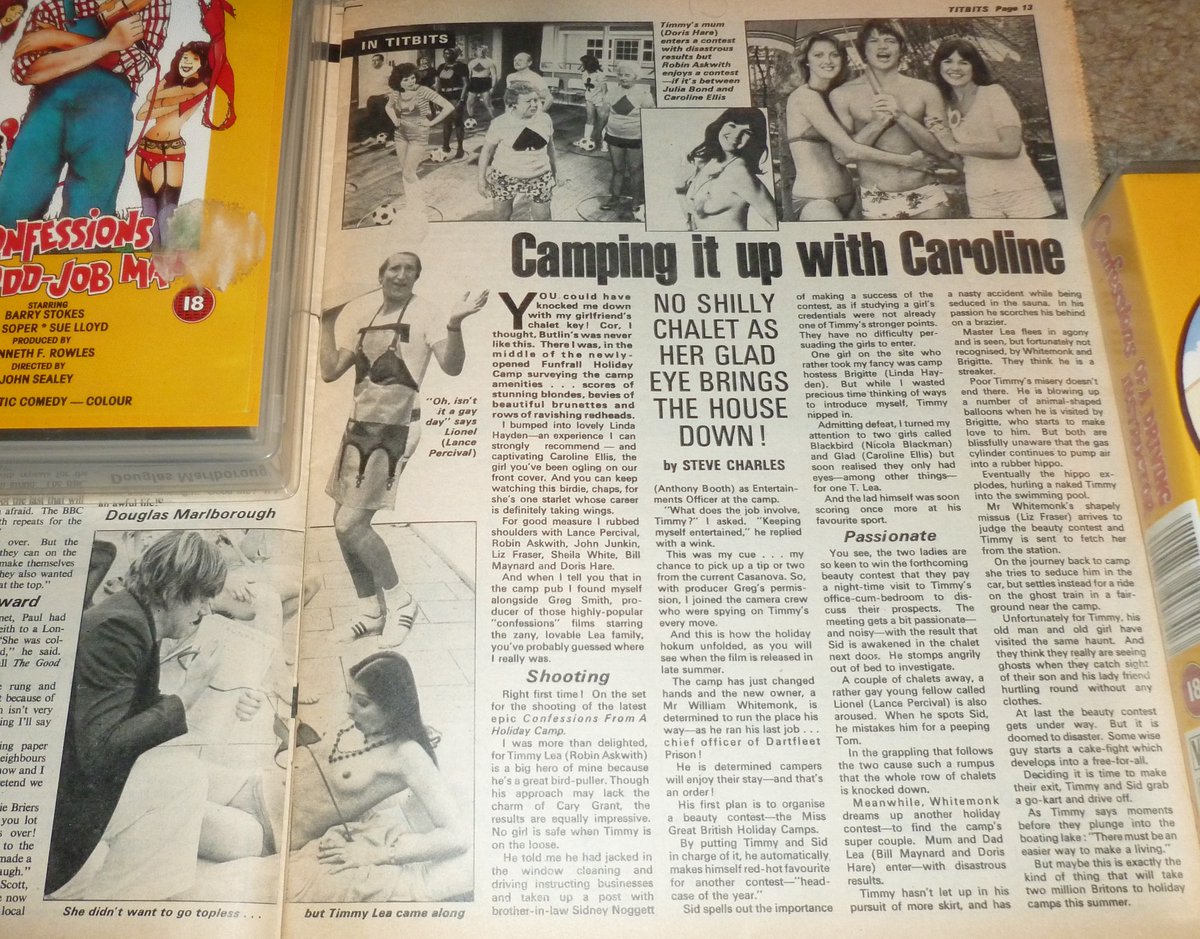 StevenFlavell1's tweet photo. Over in Titbits, the 'family' magazine, late June early July 1977 sees Caroline Ellis promoting Confessions From A Holiday Camp, staring @Robin_Askwith,  by not wearing very much. #Titbits https://t.co/TakVjcYVBI