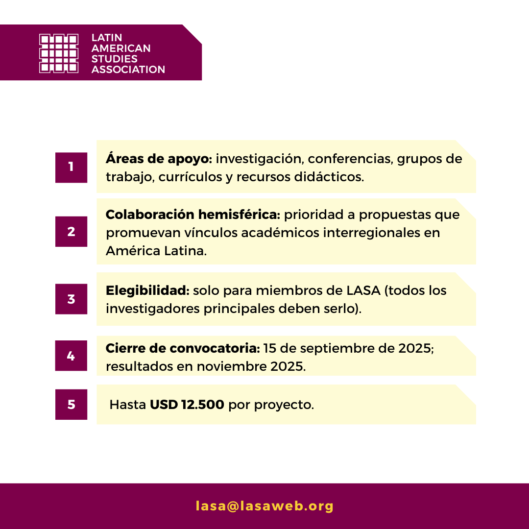 Latin American Studies Association (LASA) (@lasacongress) on Twitter photo La convocatoria Ford-LASA para proyectos especiales aún continúa abierta.
🔹 Se otorgarán fondos de hasta USD 12.500 por proyecto.
🔹 Fecha límite de postulación: 15 de septiembre de 2025.
✅ Solo para miembros activos de LASA.
Más información en 📩 lasa@lasaweb.org
#LASA La convocatoria Ford-LASA para proyectos especiales aún continúa abierta.
🔹 Se otorgarán fondos de hasta USD 12.500 por proyecto.
🔹 Fecha límite de postulación: 15 de septiembre de 2025.
✅ Solo para miembros activos de LASA.
Más información en 📩 lasa@lasaweb.org
#LASA