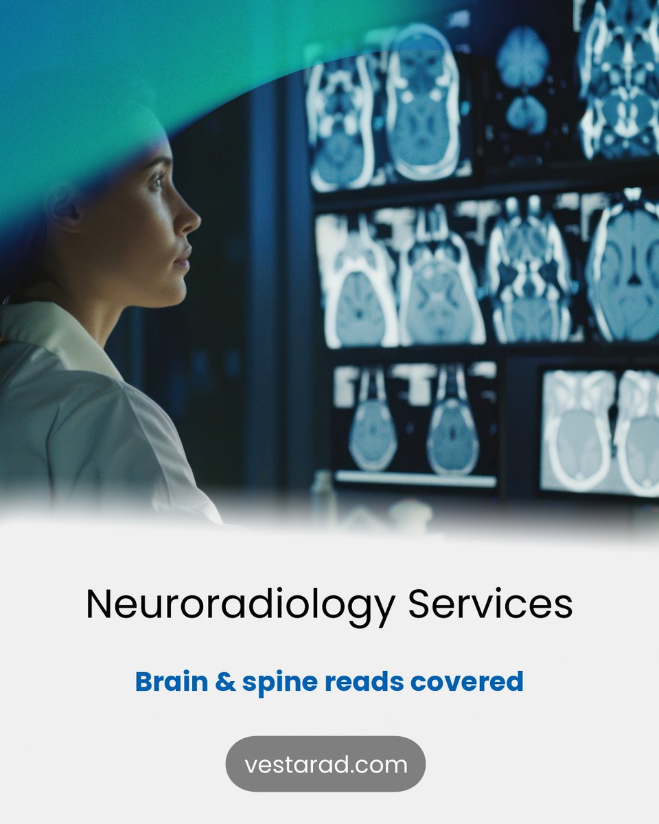 vestarad's tweet image. Ensure expert reads for every neuro case. Vesta’s subspecialty neuroradiologists interpret complex brain &amp;amp; spine imaging—from stroke to tumors. Clarity, speed, confidence.
#Neuroradiology #BrainImaging #SpineImaging #TeleradiologySupport #SubspecialtyReads
