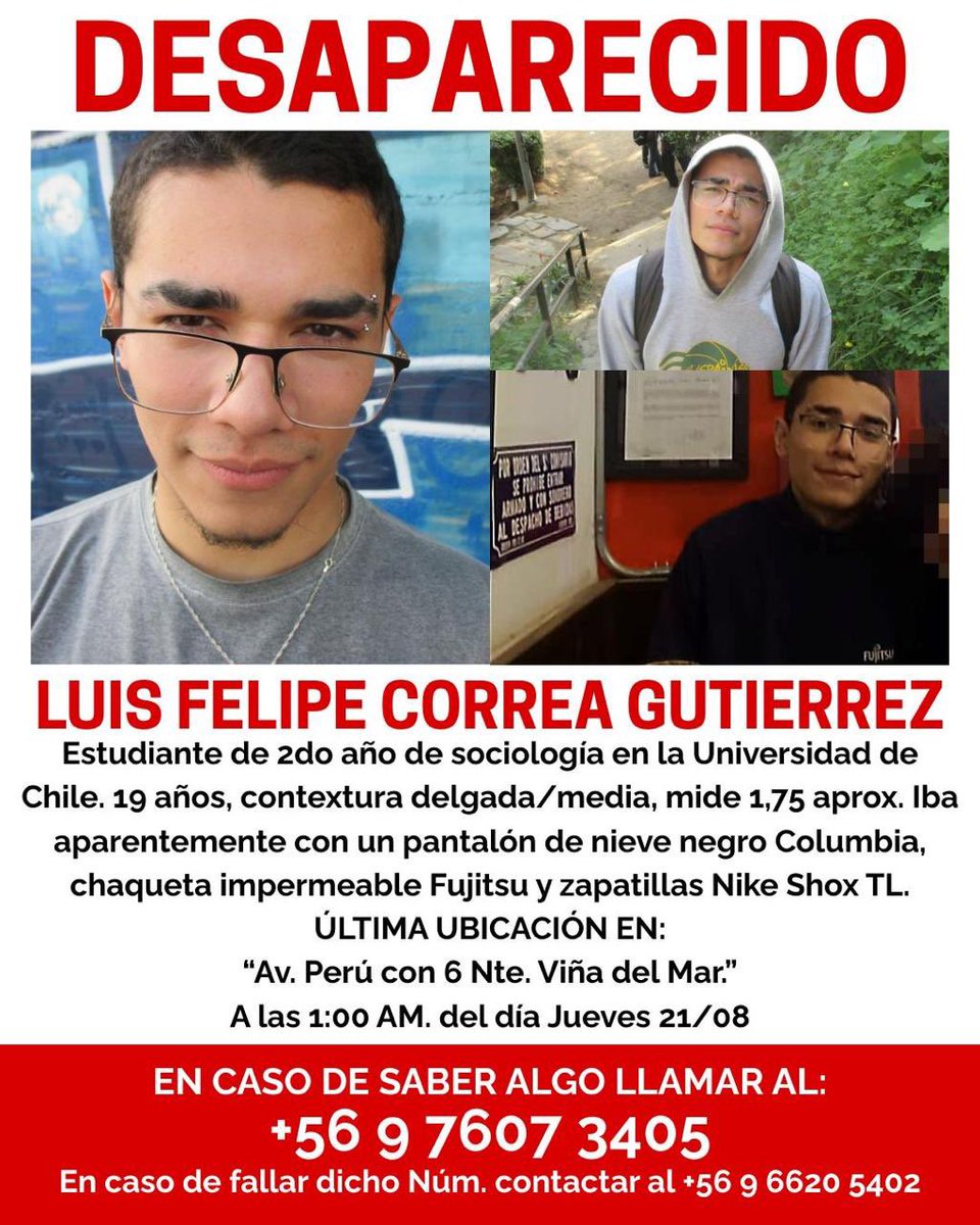 Radio Universidad de Chile se suma al llamado a entregar cualquier información disponible sobre el paradero de Luis Felipe Correa Gutiérrez, estudiante de Sociología de nuestra universidad, quien se encuentra desaparecido desde el pasado jueves 21 de agosto.