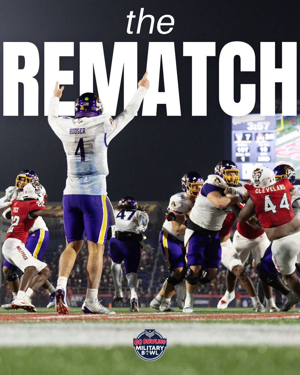 A rematch in Raleigh 🐺🏴‍☠️

Tune in Thursday for round ✌️of the 2024 #MilitaryBowl