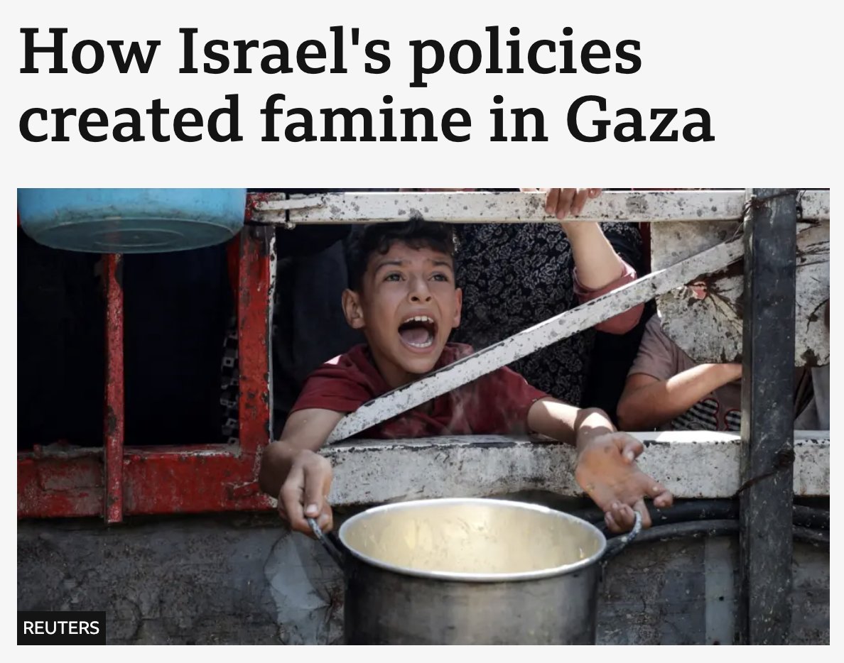 Owen Jones (@owenjonesjourno) on Twitter photo An important article from the BBC.
But it is much, much too late.
Israel began starving Gaza in October 2023. It repeatedly said it was doing this.
And the BBC covered it up.
They now sound the alarm long after Palestinians started starving to death.
bbc.co.uk/news/articles/… An important article from the BBC.
But it is much, much too late.
Israel began starving Gaza in October 2023. It repeatedly said it was doing this.
And the BBC covered it up.
They now sound the alarm long after Palestinians started starving to death.
bbc.co.uk/news/articles/…