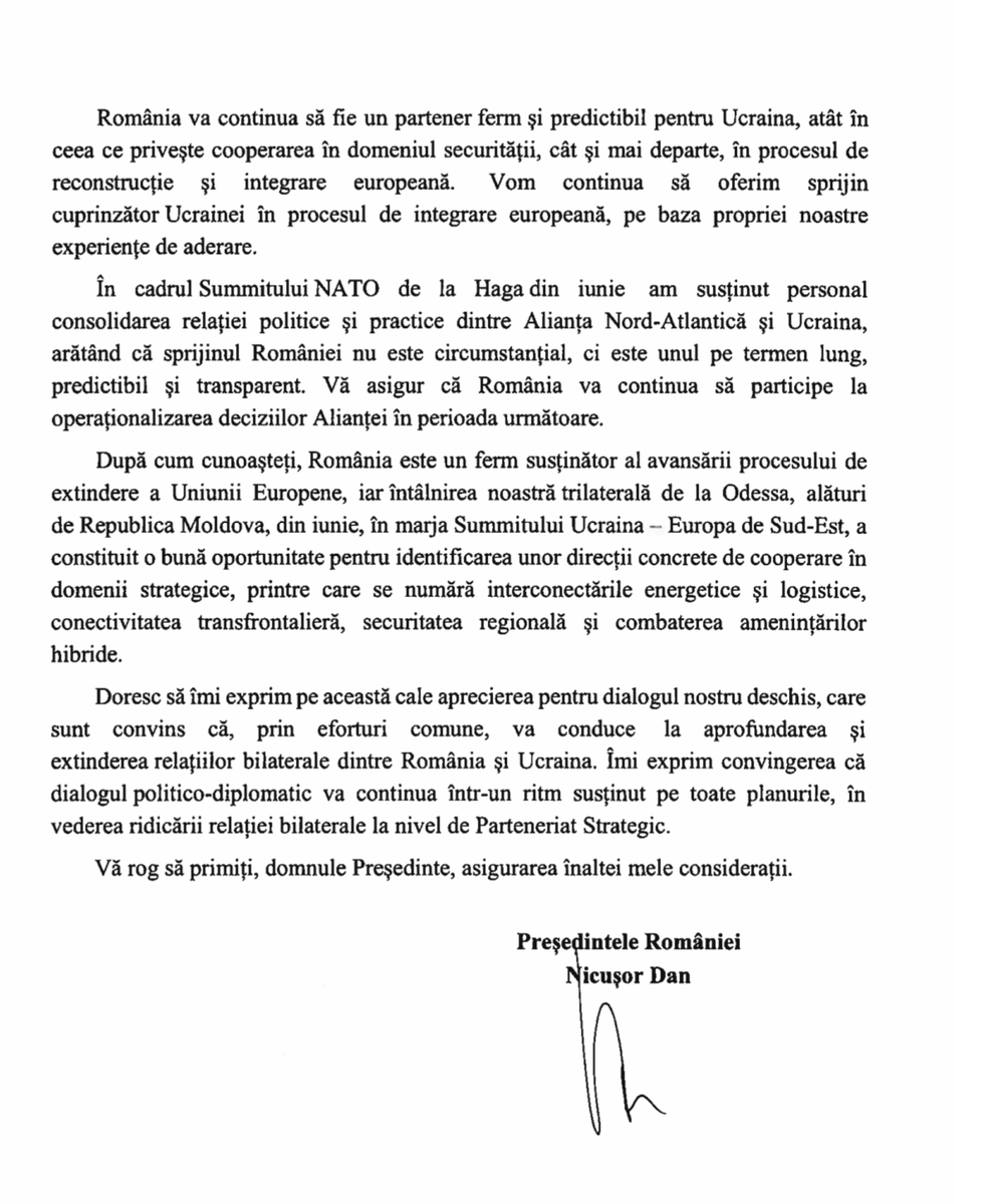 Volodymyr Zelenskyy / Володимир Зеленський (@zelenskyyua) on Twitter photo I appreciate the kind and friendly congratulatory letter from President <a href="/NicusorDanRO/">Nicușor Dan</a> marking Ukraine’s Independence Day. Ukraine and Romania face common security challenges in our region, and we are working hand in glove to counter them. Ukraine genuinely values Romania’s I appreciate the kind and friendly congratulatory letter from President <a href="/NicusorDanRO/">Nicușor Dan</a> marking Ukraine’s Independence Day. Ukraine and Romania face common security challenges in our region, and we are working hand in glove to counter them. Ukraine genuinely values Romania’s