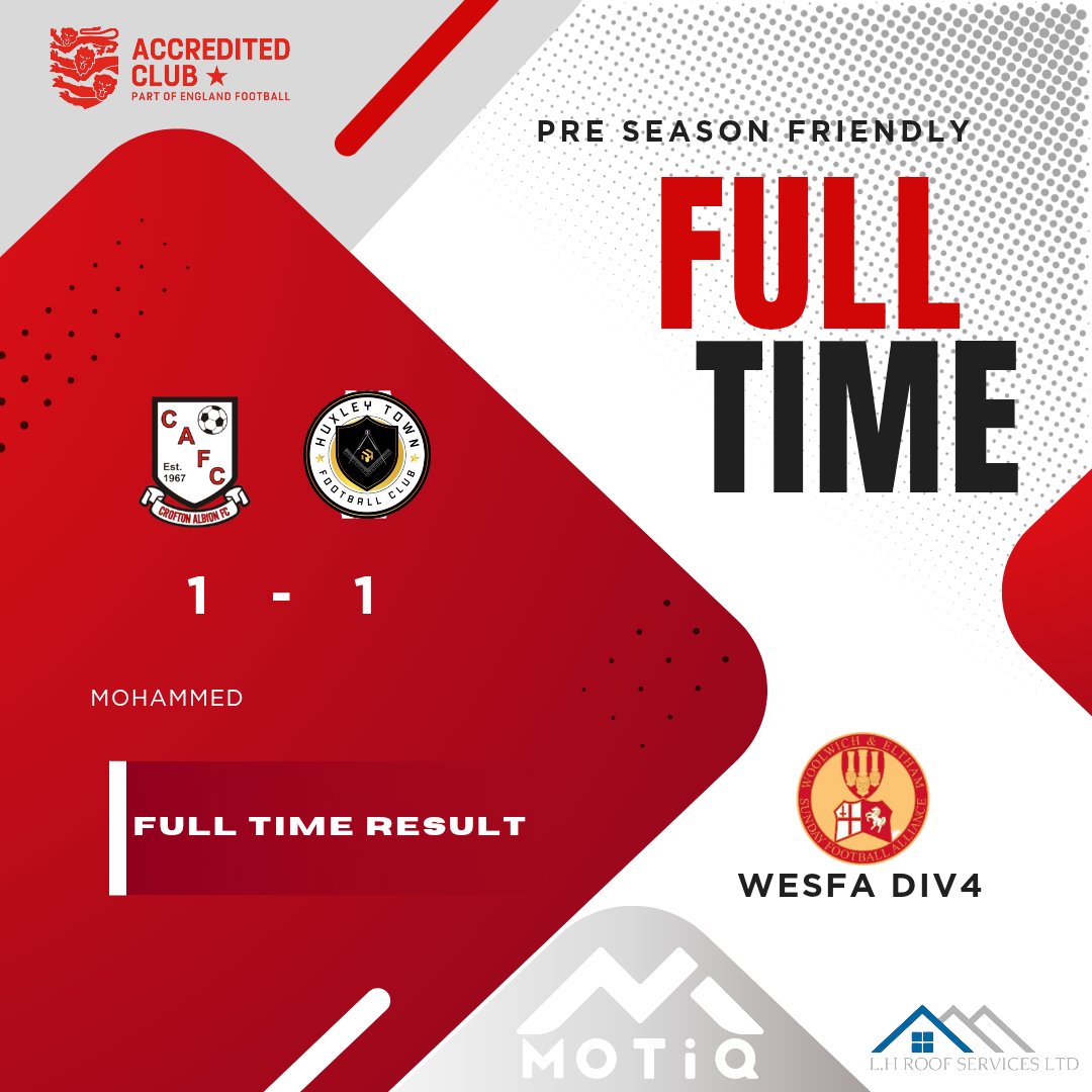 Today's game ends in a draw. A good equaliser from @huxley_town_fc with a well taken rocket !! 

A lot of missed chances from us to see the game end in our favour but a good game none the less 

Good luck with your season lads 🤝🏼