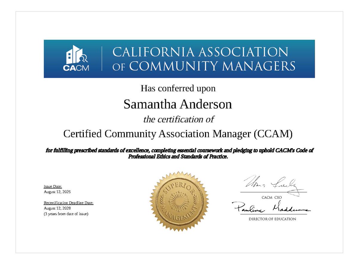 💥 Certified and crushing it! Huge shoutout to Samantha Anderson for earning the Community Association Manager certification—you’re on fire (in the best way)! 🔥👏

Keep being the rockstar you are! 🎸

#CACM #CaliforniaCertified #CommunityManagement #HOA