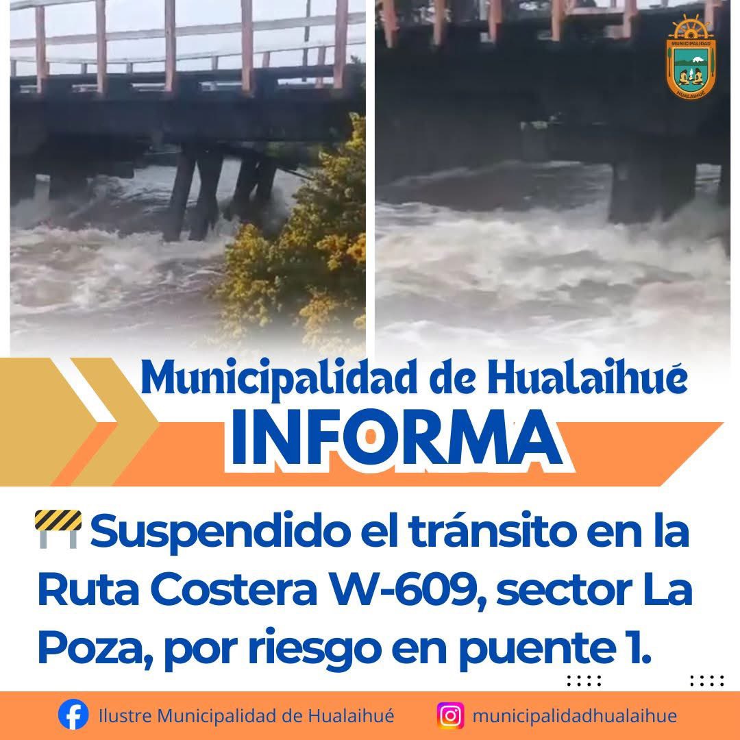 TTILosLagos's tweet photo. ATENCIÓN: tránsito suspendido en Ruta W-609, sector puente 1 - La Poza. Se coordinan trabajos entre Municipio y Vialidad, máxima precaución conductores. #Hualaihué #Hornopirén https://t.co/kqwn0Ori12