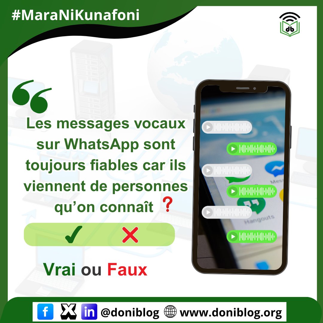 Allo chers followers c'est la fin du week-end 🥳
Que pensez-vous de la fiabilité des vocaux WhatsApp ❓️
#Doni_Check
#MaraNiKunafoni
 #MaliFact