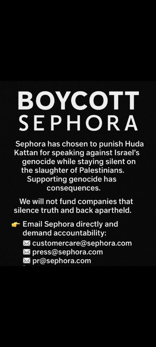 #BoycottSephora 
İsrail destekçisi SEPHORA BOYKOT