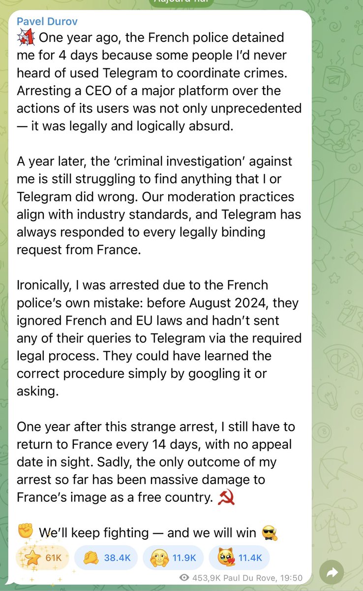 Mr Durov, we don’t care that your moderation practices align with industry standards. 
They need to be compliant with the Eu Law. #MakeItClear
