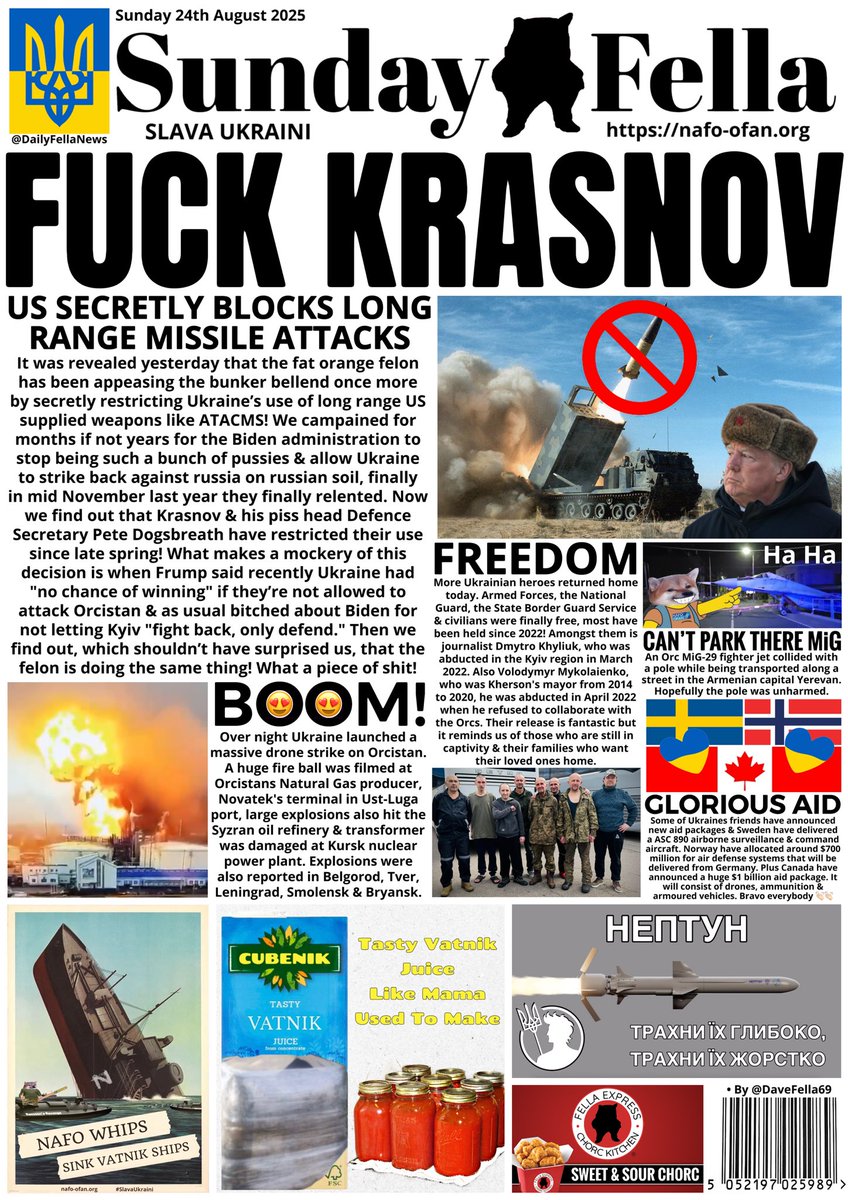 It’s time for your Sunday Fella. Read about the US blocking Ukraine from striking russia, more booms hitting Putin’s money making machine &amp; new aid packages. 

#SundayFella #DailyFella #DailyFellaNews #SlavaUkraini #NAFO