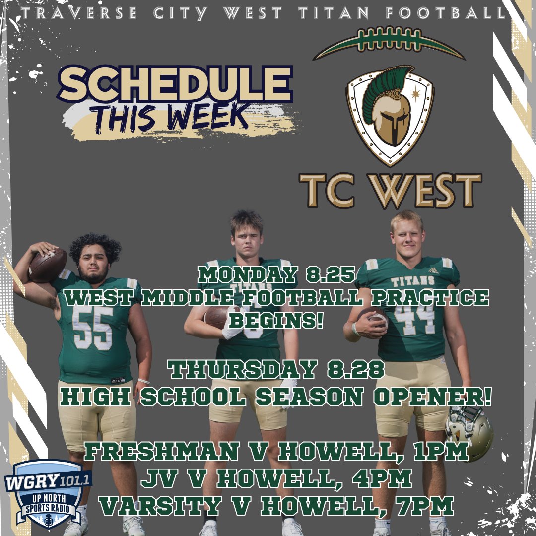 Traverse City West Titan Football (@tcwesttitanfb) on Twitter photo Big week for Titan Football!
MS practice begins and HS games begin on Thursday with a triple header. 
Up North Sports Radio: Free stream (audio+video) at facebook.com/upnorthsportsr…
Tickets: gofan.co/event/4022951?…
Website: tcwesttitanfootball.com Big week for Titan Football!
MS practice begins and HS games begin on Thursday with a triple header. 
Up North Sports Radio: Free stream (audio+video) at facebook.com/upnorthsportsr…
Tickets: gofan.co/event/4022951?…
Website: tcwesttitanfootball.com