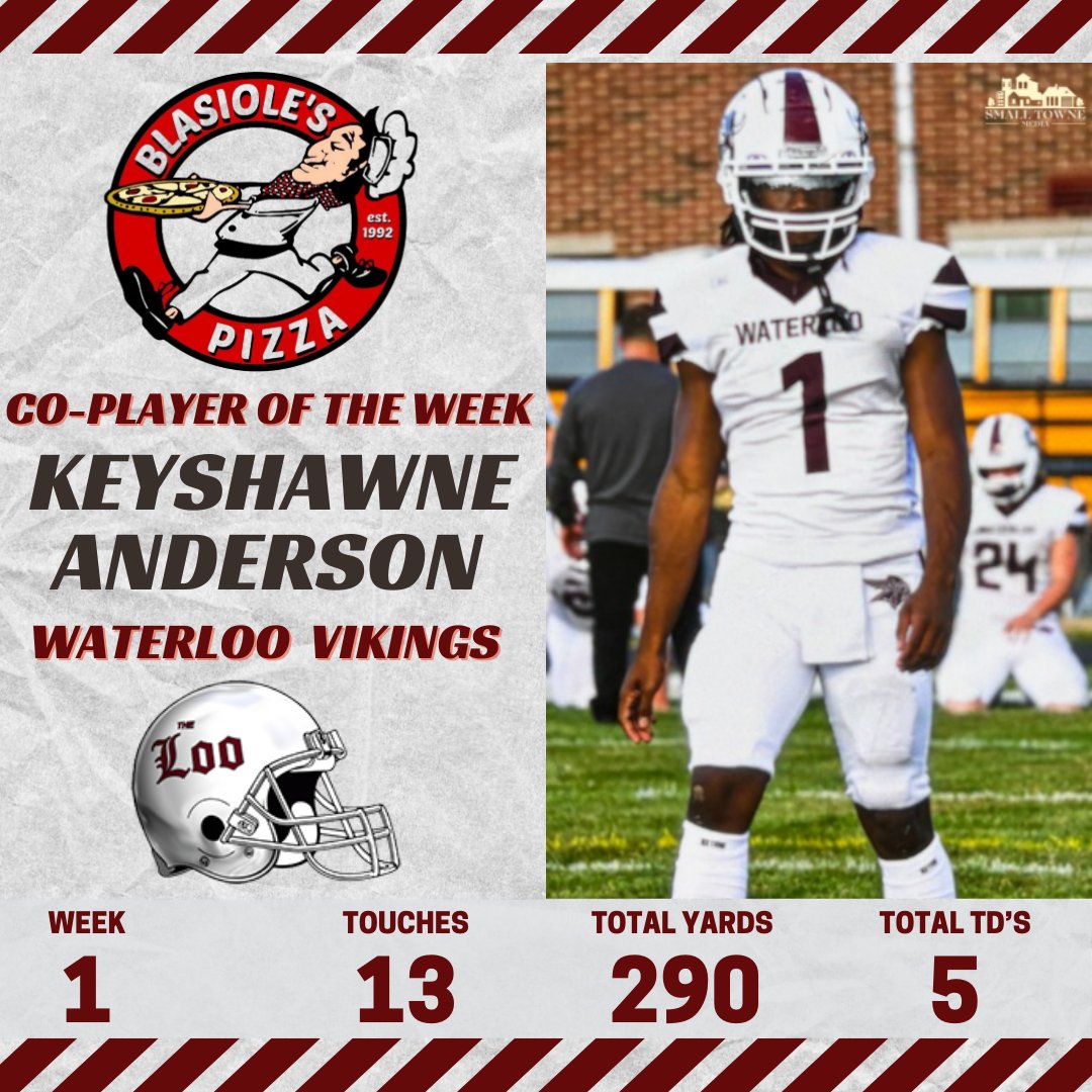 Congrats to our Blasiole's Pizza Week 1 Co-Player of the Week Keyshawne Anderson of the Waterloo Vikings! Kayshawne had 290 total yds &amp; 5 total TD's including 1 passing, 2 rushing, 1 receiving &amp; 1 fumble recovery vs Springfield.
<a href="/WaterlooAth/">Waterloo Athletics</a> <a href="/VikingsWaterloo/">Waterloo Football</a>