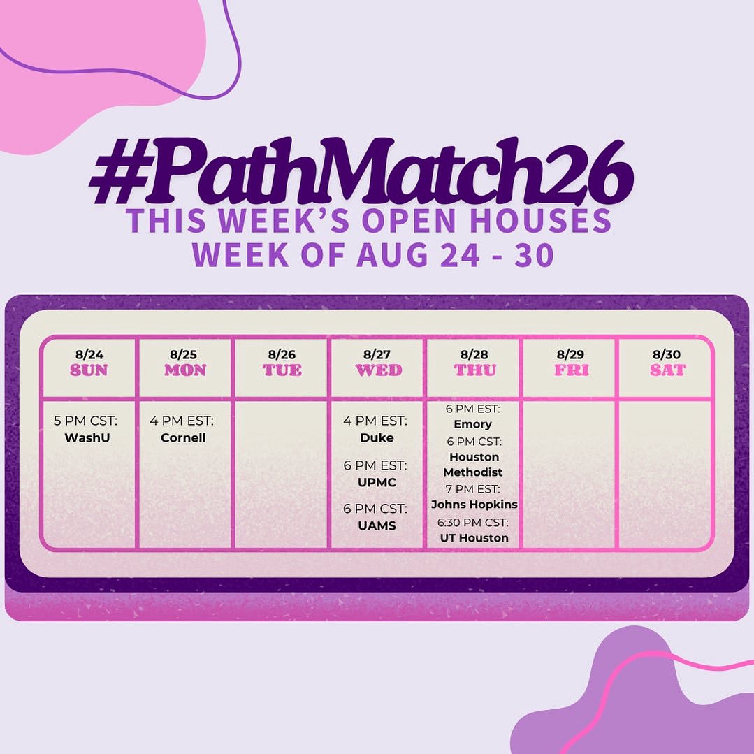 #pathmatch26 Continuing with another week of Residency Open House events!

Visit bit.ly/path26openhous… for more information on registering and attending these events 🤩