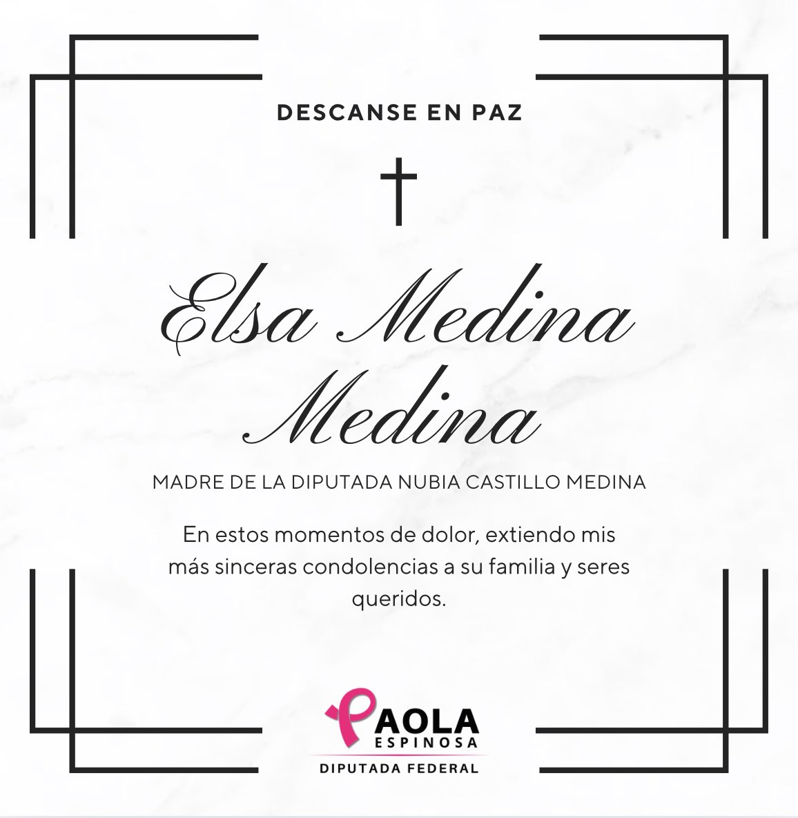 Paola Espinosa (@paolaespinosaof) on Twitter photo Amiga querida <a href="/nubiacastillom/">Nubia Castillo</a>, lamento mucho la partida de tu mami. Sé que no hay palabras suficientes, pero quiero que sepas que estoy contigo en este momento tan doloroso. Te mando un abrazo lleno de cariño y toda mi fuerza para ti y tu familia 🤍 Amiga querida <a href="/nubiacastillom/">Nubia Castillo</a>, lamento mucho la partida de tu mami. Sé que no hay palabras suficientes, pero quiero que sepas que estoy contigo en este momento tan doloroso. Te mando un abrazo lleno de cariño y toda mi fuerza para ti y tu familia 🤍