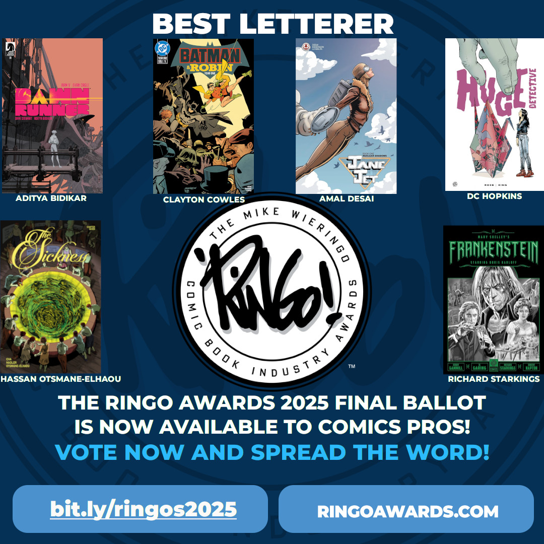 Ringo Awards (@ringoawards) on Twitter photo Cast your ballot for the 2025 <a href="/ringoawards/">Ringo Awards</a> for Best Letterer! Comics creative pros can vote now:
ringoawards.com
#ringoawards #ringoawards2025 #baltimorecomiccon Cast your ballot for the 2025 <a href="/ringoawards/">Ringo Awards</a> for Best Letterer! Comics creative pros can vote now:
ringoawards.com
#ringoawards #ringoawards2025 #baltimorecomiccon