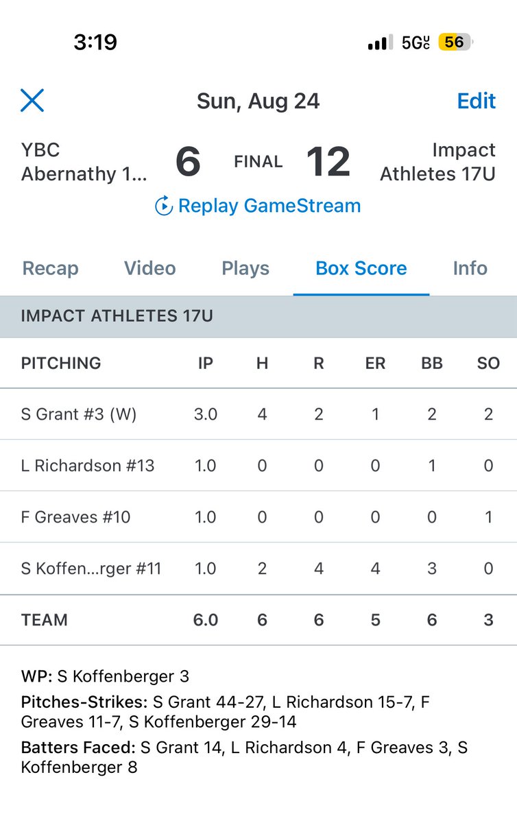 17U wins 12-6. <a href="/L4NDON_/">Landon Bishop</a> had two hits and Richardson/Greaves combined for two strong innings on the mound.