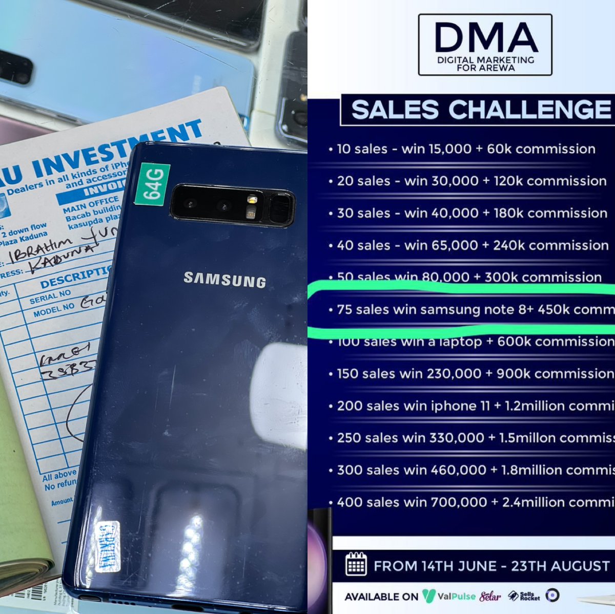 YunusaIbra1445's tweet photo. I'm excited to share that I've won the Samsung Note 8 DMA Sales Challenge! Taking the leap into affiliate marketing has been a game-changer for me, Thanks @Muhammad_Sarki2  for his incredible course. Shoutout to @Valpulse  Affiliate Platform for creating this platform https://t.co/sJfr8zJykA