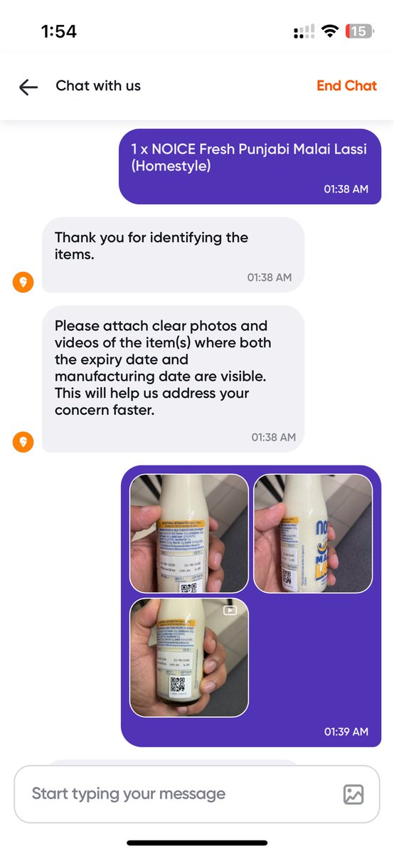 iamarunsinghh's tweet photo. @Swiggy @SwiggyInstamart @consumerforum_ @PMOIndia @fssaiindia @jagograhakjago 
Ordered lassi today i.e. 25/08. Got lassi that expired on 22/08. Tried to complain about the same on help desk. Neither the chatbot nor the customer support showed empathy. Not even a sorry. https://t.co/FsTrlMF5Mw