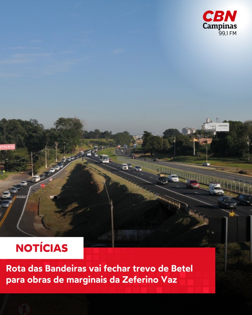 A Concessionária Rota das Bandeiras vai interditar o trevo de Betel, no km 119+700 da rodovia Professor Zeferino Vaz (SP-332), em Paulínia, a partir da próxima quarta-feira, dia 27 de agosto. A interdição vai durar 45 dias e termina no dia 9 de outubro.

O bloqueio é necessário