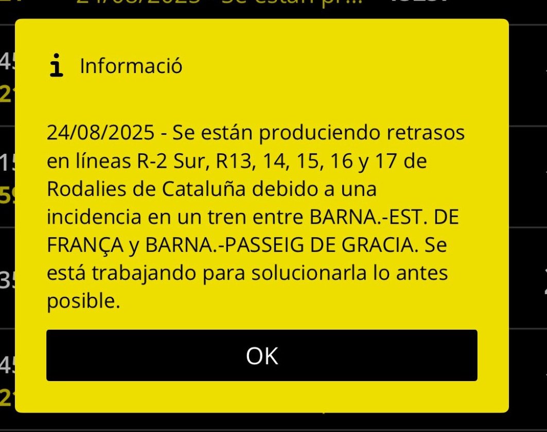 Dignitat a les vies (@dignitatavies) on Twitter photo Us informem, perquè pels canals oficials <a href="/rodalies/">Rodalies Catalunya</a> no ho fa, que hi ha retards al servei de la R2Sud i regionals sud a causa d'una incidència d'un tren entre Estació de França i Passeig de Gràcia. Us informem, perquè pels canals oficials <a href="/rodalies/">Rodalies Catalunya</a> no ho fa, que hi ha retards al servei de la R2Sud i regionals sud a causa d'una incidència d'un tren entre Estació de França i Passeig de Gràcia.